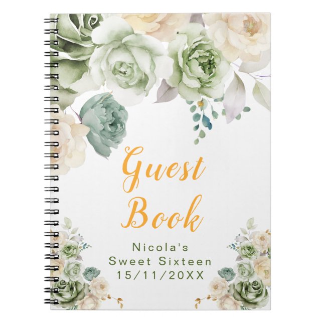 Sage Green and Cream Floral Sweet Sixteen Notebook (Front)