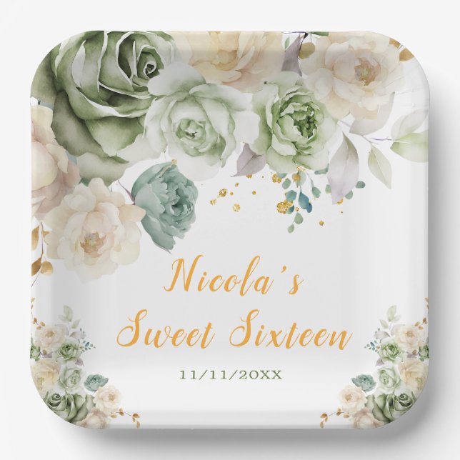 Sage Green and Cream Floral Sweet Sixteen Paper Plates (Front)