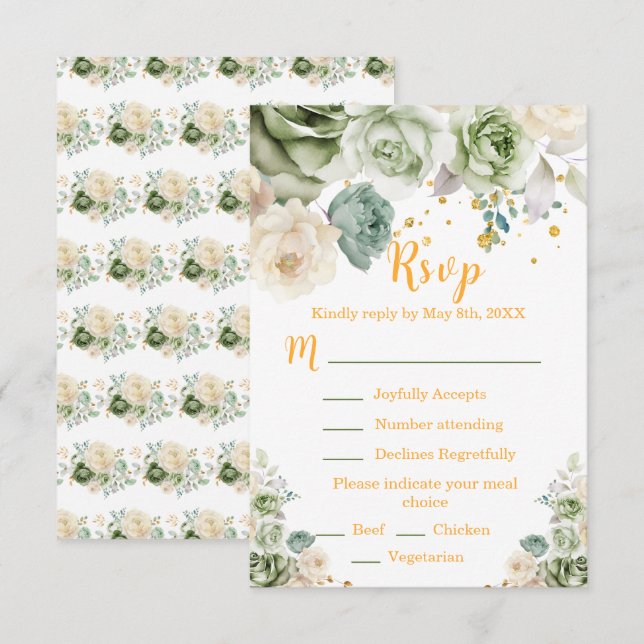 Sage Green and Cream Floral Sweet Sixteen RSVP Card (Front/Back)