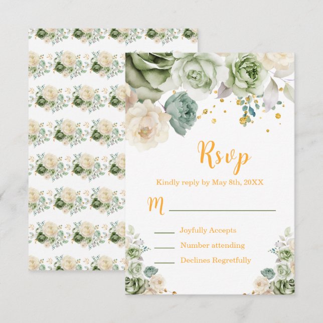Sage Green and Cream Floral Sweet Sixteen RSVP Card (Front/Back)