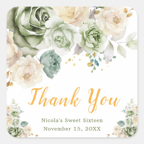 Sage Green and Cream Floral Sweet Sixteen Square Sticker