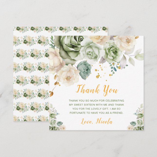 Sage Green and Cream Floral Sweet Sixteen Thank You Card (Front/Back)