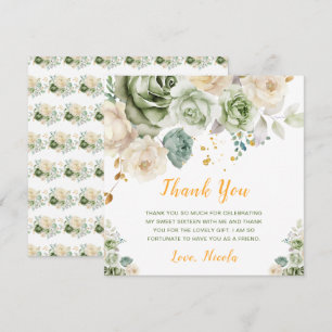 Sage Green and Cream Floral Sweet Sixteen Thank You Card