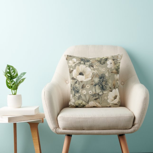 Sage Green And Cream Floral  Throw Pillow (Chair)