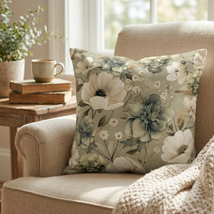 Sage Green And Cream Floral  Throw Pillow