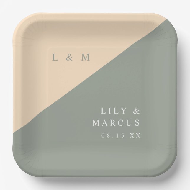 Sage Green And Cream Minimalist Monogram Wedding Paper Plates (Front)