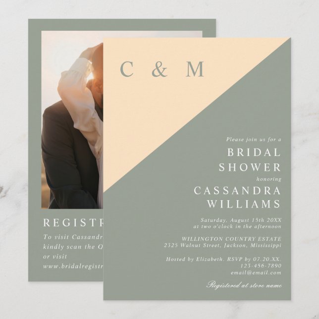 Sage Green And Cream Photo QR Code Bridal Shower Invitation (Front/Back)