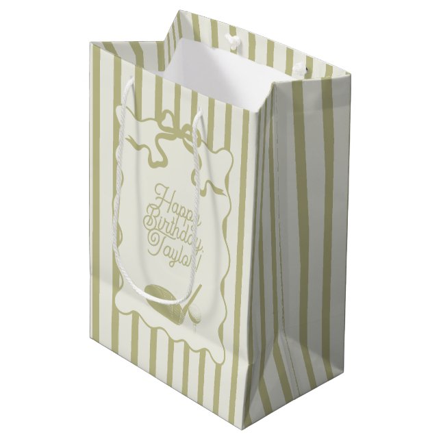 Sage Green and Cream Stripes Golf Personalized Medium Gift Bag (Front Angled)