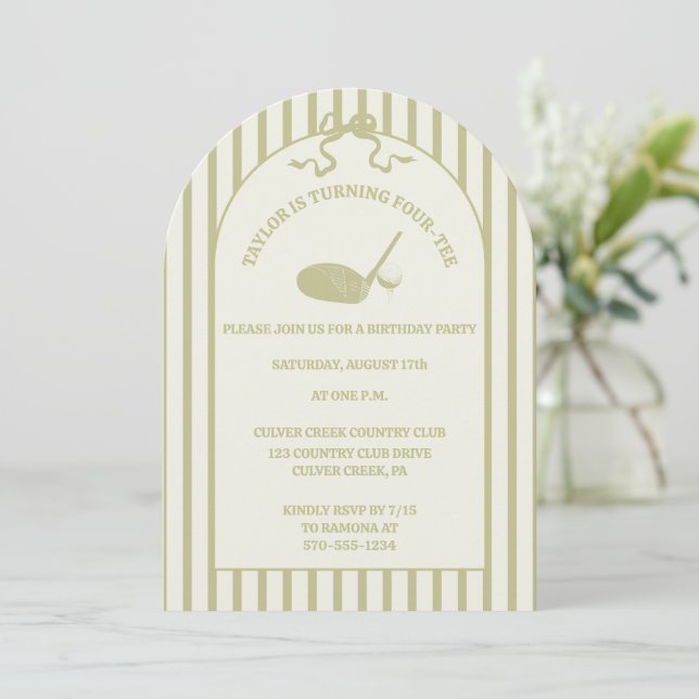 Sage Green and Cream Stripes Golf Themed Party Invitation (Standing Front)