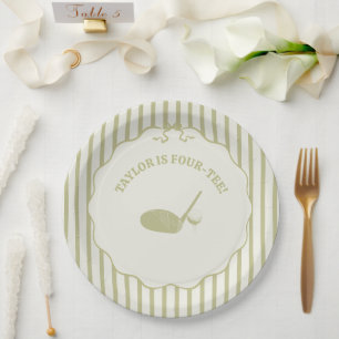 Sage Green and Cream Stripes Golf Themed Party Paper Plates