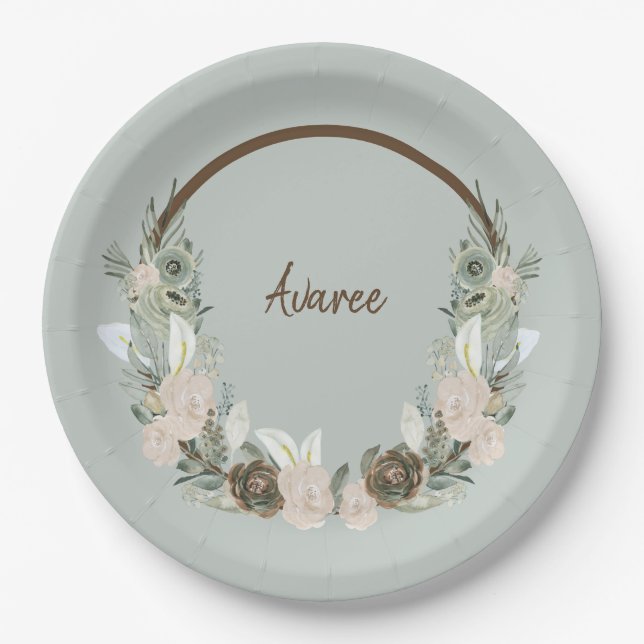 Sage Green and Creamy Vanilla Watercolor Flowers Paper Plates (Front)
