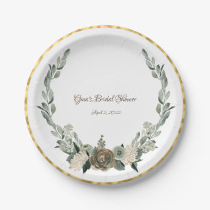 Sage Green and Creamy Vanilla Watercolor Flowers Paper Plates