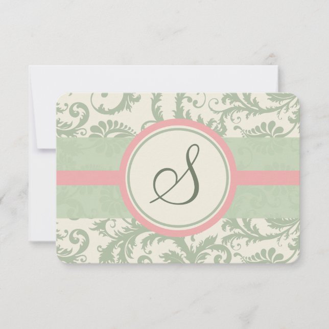 Sage Green and Dusty Rose Damask Wedding RSVP (Front)