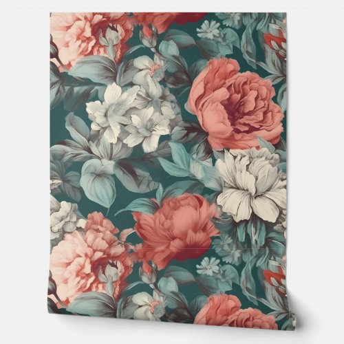 Sage Green and Dusty Rose Vintage Peonies Wallpaper