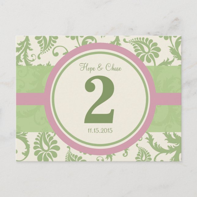 Sage Green and Dusy Rose Table Number (Front)