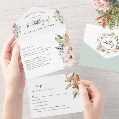 Sage Green and Earthy Blooms Wedding Tear Off RSVP All In One Invitation
