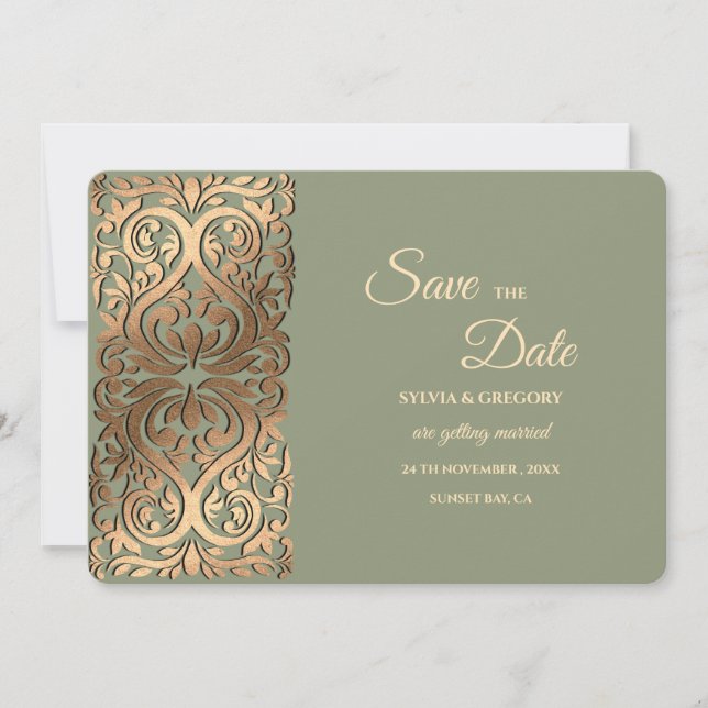 Sage Green and Faux Gold Save the Date Elegant  (Front)
