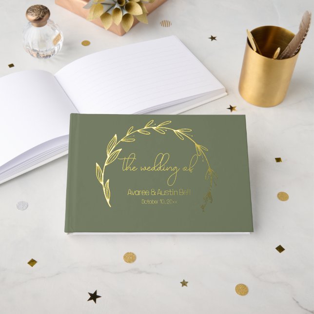 Sage Green and Foil Wedding Foil Guest Book (Front Open)