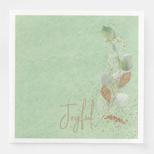 Sage Green and Glitter Botanical Leaf Joyful Paper Paper Dinner Napkins