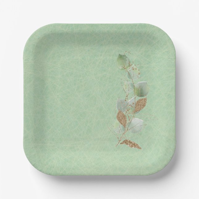 Sage Green and Glitter Botanical Leaf Paper Plates (Front)