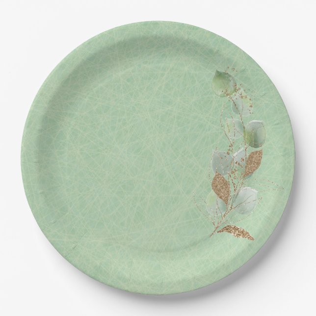 Sage Green and Glitter Botanical Leaf Paper Plates (Front)