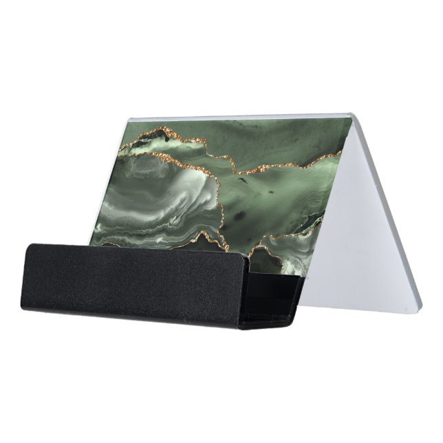 Sage green and gold agate desk business card holder (Angled Front)