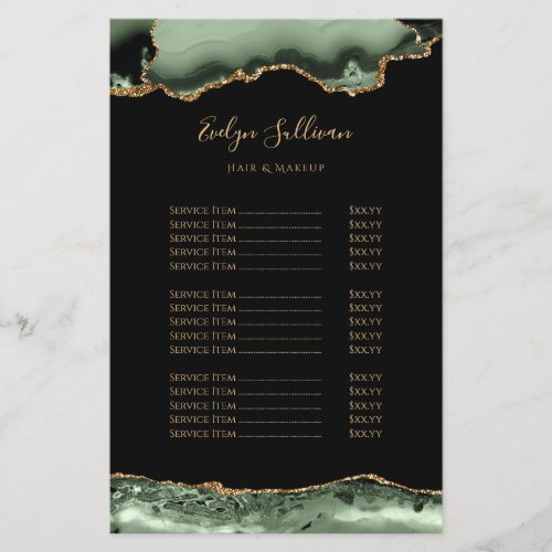 Sage green and gold agate price list flyer