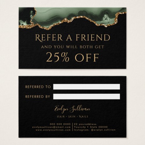 Sage green and gold agate referral card