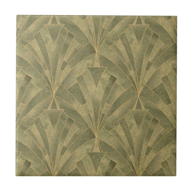 Sage Green and Gold Art Deco Pattern Ceramic Tile (Front)