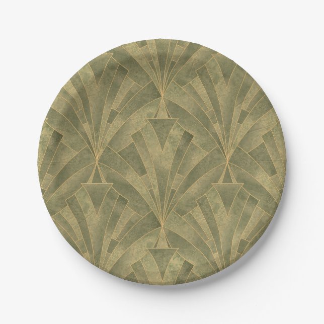 Sage Green and Gold Art Deco Pattern Paper Plates (Front)