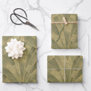 Sage Green and Gold Art Deco Pattern Wrapping Paper Sheets