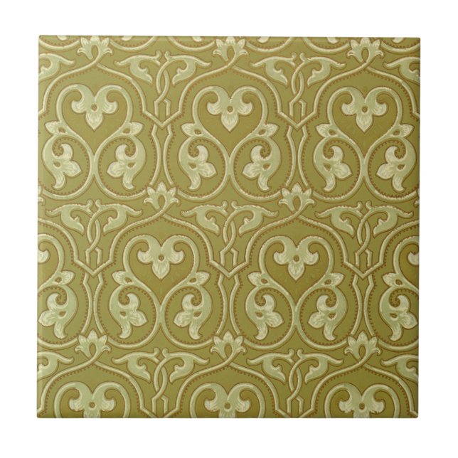 Sage Green and Gold Art Nouveau Pattern Ceramic Tile (Front)