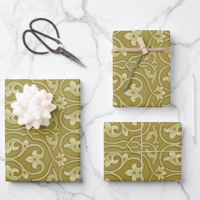 Sage Green and Gold Art Nouveau Pattern Wrapping Paper Sheets (Front)
