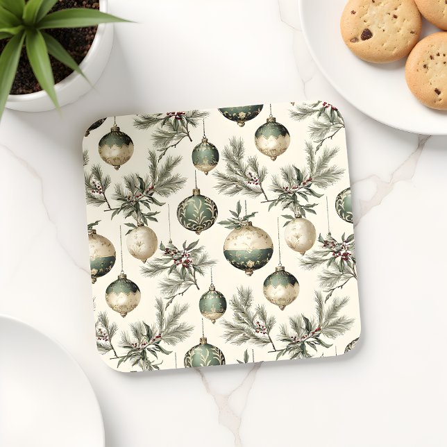 Sage Green and Gold Christmas Ornaments  Beverage Coaster (Creator Uploaded)