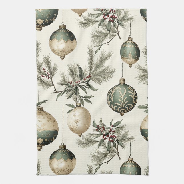 Sage Green and Gold Christmas Ornaments  Kitchen Towel (Vertical)