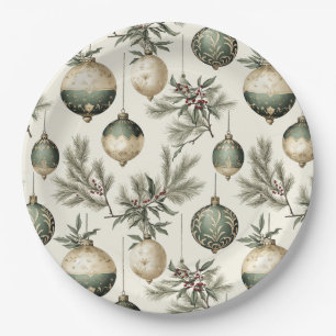 Sage Green and Gold Christmas Ornaments Paper Plates
