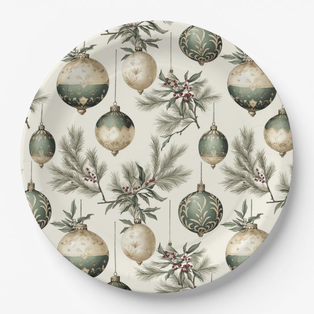 Sage Green and Gold Christmas Ornaments Paper Plates (Front)