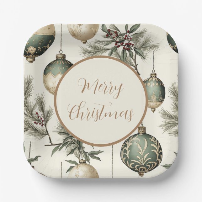 Sage Green and Gold Christmas Ornaments Paper Plates (Front)