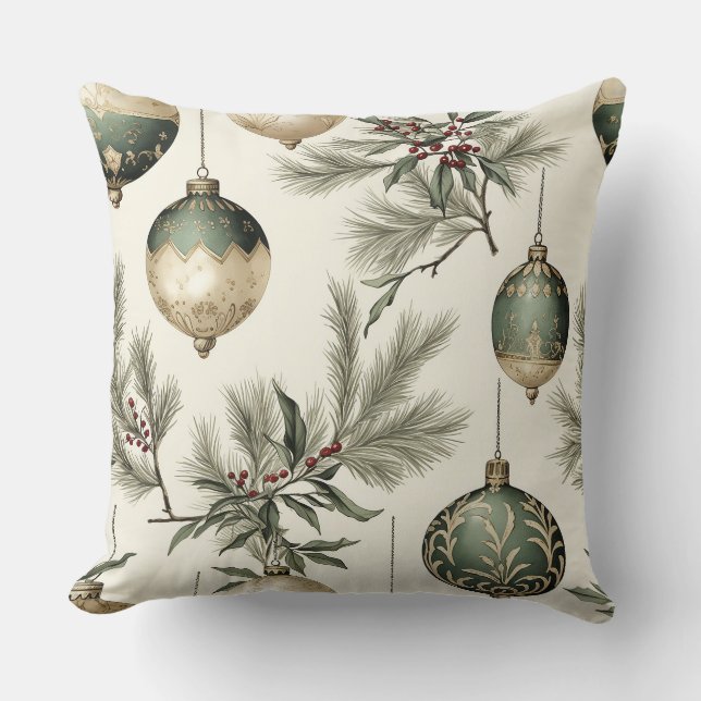 Sage Green and Gold Christmas Ornaments Throw Pillow (Front)