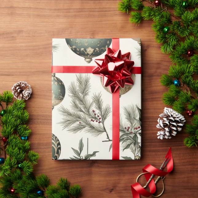 Sage Green and Gold Christmas Ornaments  Wrapping Paper (Holiday Gift)