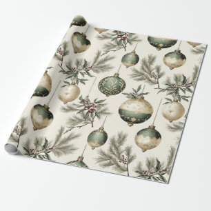 Sage Green and Gold Christmas Ornaments  Wrapping Paper
