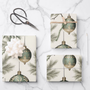 Sage Green and Gold Christmas Ornaments Wrapping Paper Sheets
