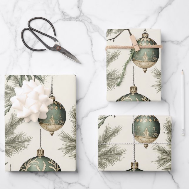 Sage Green and Gold Christmas Ornaments  Wrapping Paper Sheets (Front)