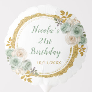 Sage Green and Gold Elegant Flowers Birthday Balloon