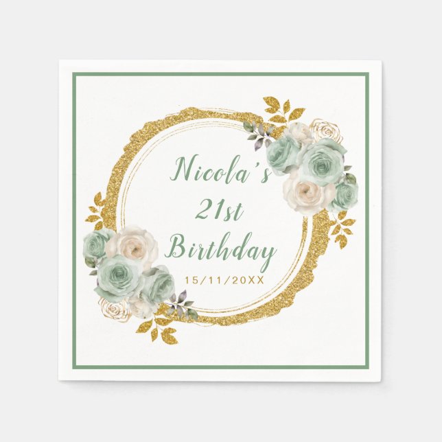 Sage Green and Gold Elegant Flowers Birthday Party Napkins (Front)