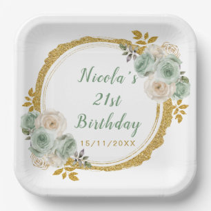 Sage Green and Gold Elegant Flowers Birthday Party Paper Plates
