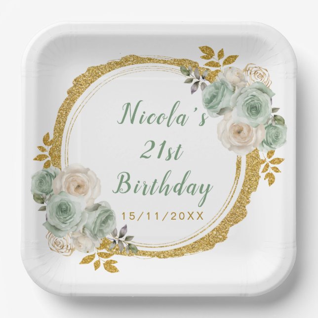 Sage Green and Gold Elegant Flowers Birthday Party Paper Plates (Front)