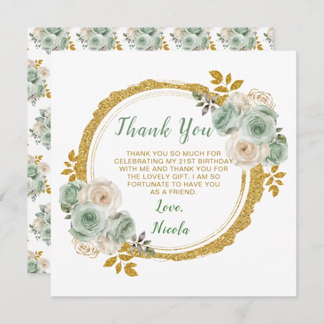 Sage Green and Gold Elegant Flowers Birthday Party Thank You Card (Front/Back)