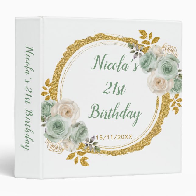 Sage Green and Gold Elegant Flowers Birthday Photo 3 Ring Binder (Front/Spine)
