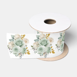 Sage Green and Gold Elegant Flowers Satin Ribbon